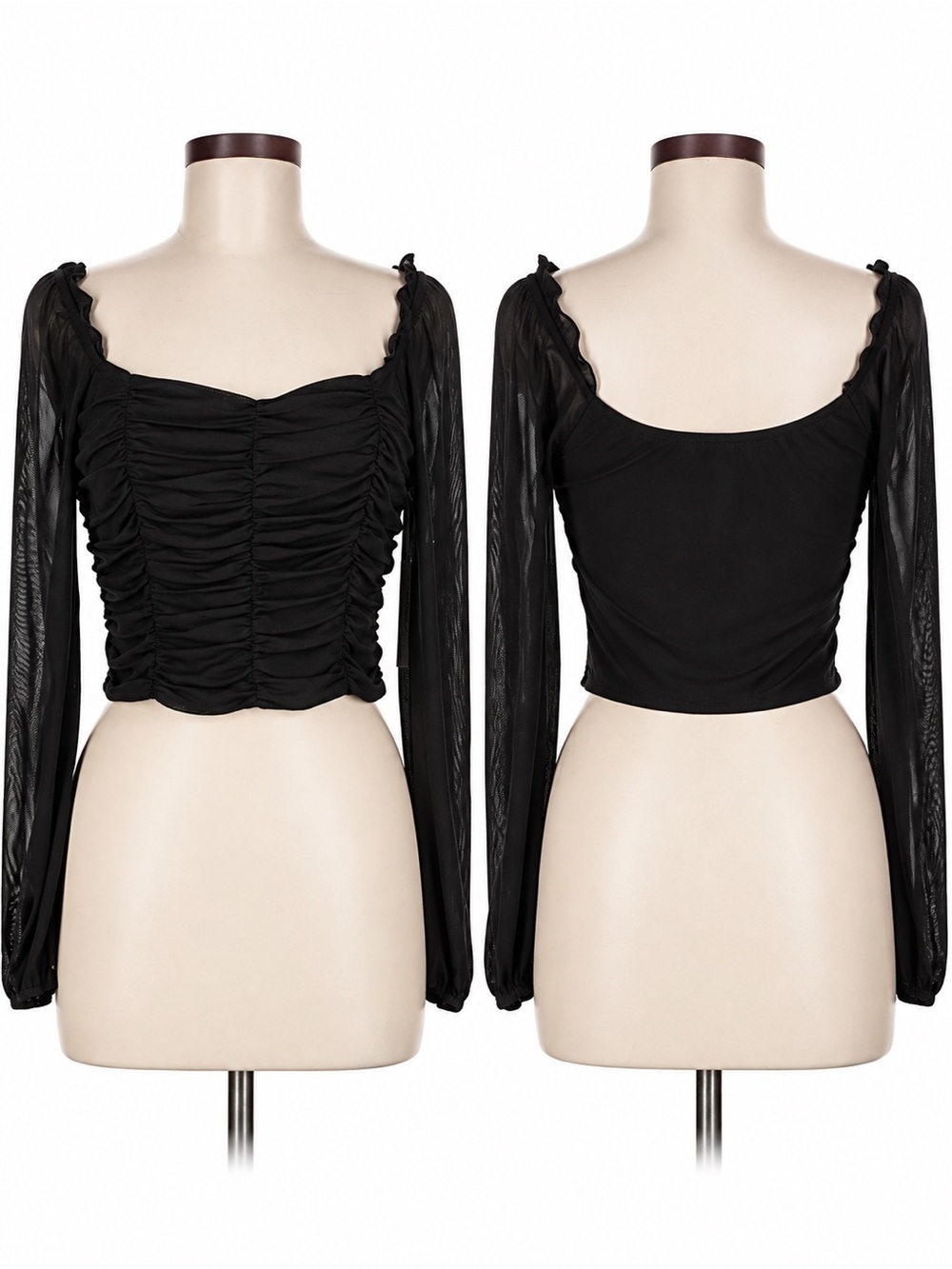 Kirious Los Angeles Black Ruched Mesh Crop Top Sheer Sleeve Off Shoulder